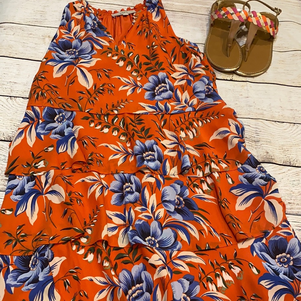 Loft Ruffled Layered Tropical floral Print Dress